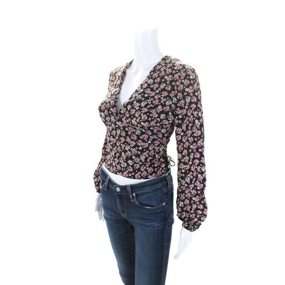 Intermix Womens Long Sleeve V Neck Floral Silk Top Black Pink Size Petite - Picture 2 of 6